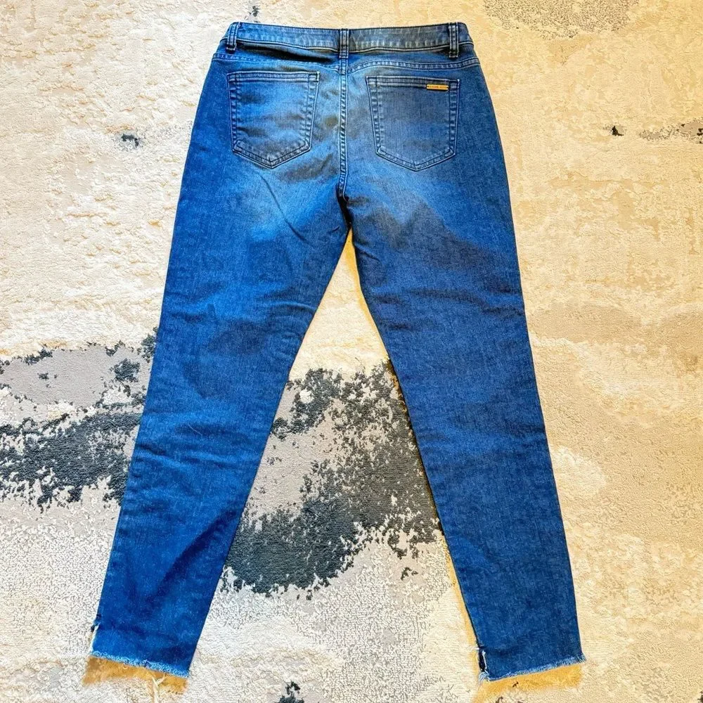 Michael Kors Izzy Skinny Ankle Jeans in Medium Blue Wash Raw Hem Split Cuff Sz 8